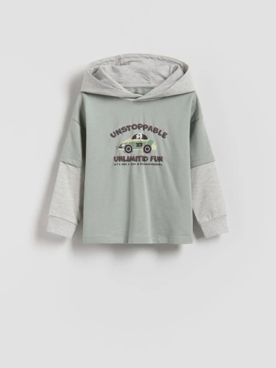 Obrázek produktu Reserved - Bavlněný longsleeve s kapucí - bledá zelená