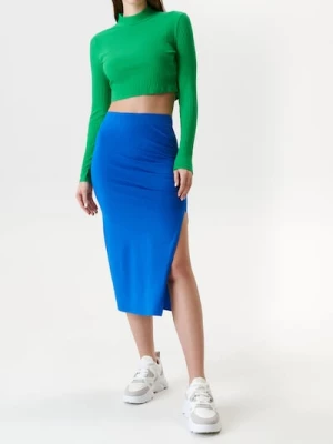 Obrázek produktu Sinsay - Bavlněná midi sukně s rozparkem a řasením na boku - modrá