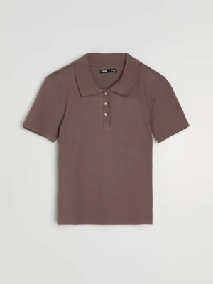 Obrázek produktu Sinsay - Bavlněné žebrované polo tričko s ozdobnými knoflíky - hnědá