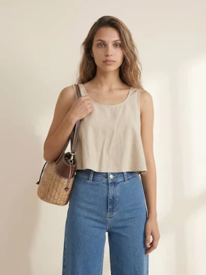 Obrázek produktu Sinsay - Crop top s ozdobným zavazováním s příměsí lnu - krémová