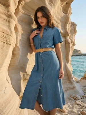 Obrázek produktu Sinsay - Džínová midi šaty s látkovým páskem - modrá
