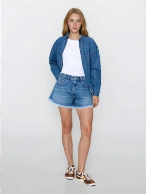 Obrázek produktu Sinsay - Džínové šortky high waist s třepenými nohavicemi - modrá