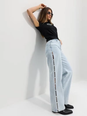 Obrázek produktu Sinsay - Džínsy straight wide leg se středním pasem a umělými perlami - modrá