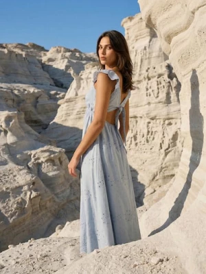 Obrázek produktu Sinsay - Midi dress with ruffle and decorative tie at the back - modrá