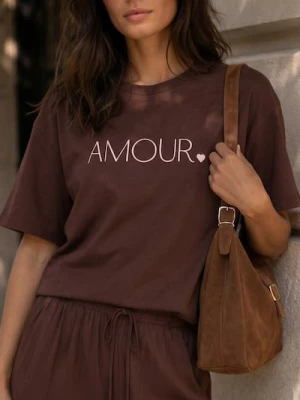 Obrázek produktu Sinsay - Viskózové tričko s nápisem „Amour“ - tmavě hnědá