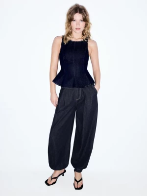 Obrázek produktu Stradivarius Džínový Top Peplum Bez Rukávů Velmi Tmavě Modrá/Odšlichtování