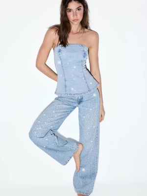 Obrázek produktu Stradivarius Džíny Straight Fit Se Štrasy Středně Modrá