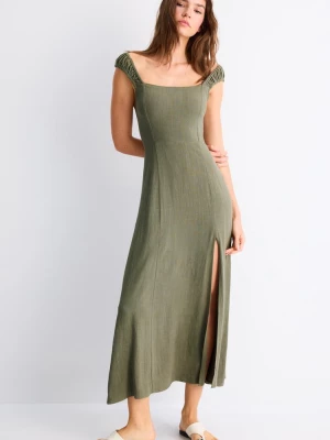 Obrázek produktu Stradivarius Midi Zavinovací Šaty S Otevřenými Zády A Lněným Efektem Khaki