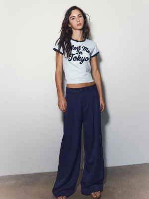 Obrázek produktu Stradivarius Společenské Kalhoty Široké Nohavice Se Záševky Navy Blue