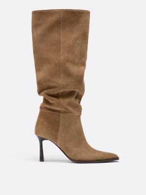 Obrázek produktu Stradivarius Vysoké Slouchy Kožené Kozačky Na Tenkém Podpatku Béžová