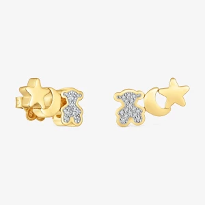 Obrázek produktu Tous - Stříbrné Náušnice Tous 1950 Typu „Ear Climber“ S Diamanty, Pozlacené 18karátovým Zlatem -
