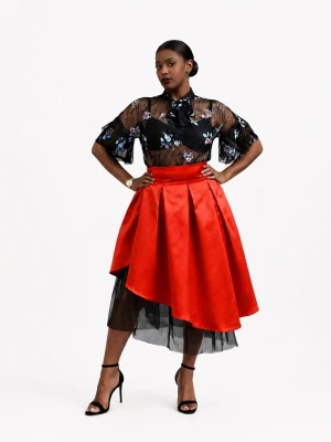 Obrázek produktu BIBI SAKALIEVA Sukně 'Red Pleated Midi Skirt with Asymmetric Design and Tulle' jasně červená