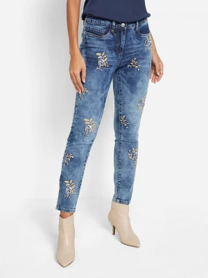 Obrázek produktu Dżinsy slim fit z kwiatowym haftem BonPrix niebieski