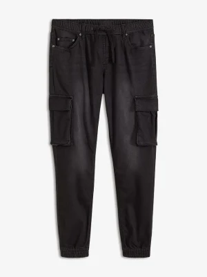 Obrázek produktu Jeansy dresowe z kieszeniami cargo, slim fit, straight, z gumką w talii BonPrix czarny