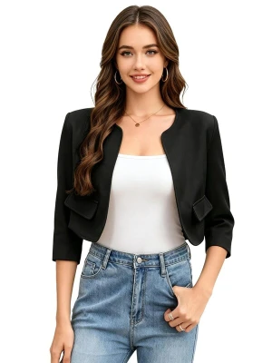 Obrázek produktu KoJooin Blejzr 'Damen Kurzblazer mit Rundhalsausschnitt, 3 / 4-Arm | leichte Strickjacke im gepflegten Basic-Stil' černá