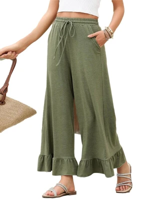 Obrázek produktu KoJooin Kalhoty 'Damen-Palazzo-Hose mit weitem Bein, Kordelzug, elastischem Bund, Rüschensaum und Taschen' zelená