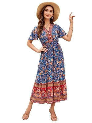 Obrázek produktu KoJooin Šaty 'Damen Maxikleid mit V-Ausschnitt, Flare-Ärmeln, High Waist & platzierter Printoptik' tmavě modrá