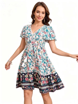 Obrázek produktu KoJooin Šaty 'Damen Sommerkleid mit Kurzarm, platziertem Blumenprint und lässigem Boho-Look' bílá