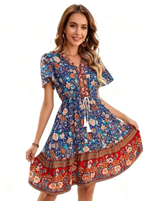 Obrázek produktu KoJooin Šaty 'Damen Sommerkleid mit Kurzarm, platziertem Blumenprint und lässigem Boho-Look' modrá