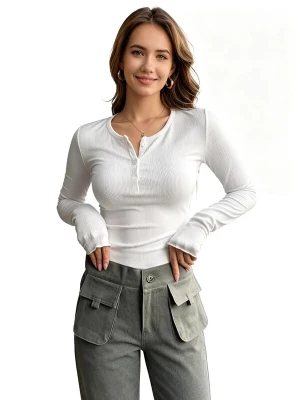 Obrázek produktu KoJooin Top 'Damen-Langarm-Henley-T-Shirts, gerippt, mit Knöpfen, schmal geschnitten, Basic-Tops, Blusen, Freizeit' bílá