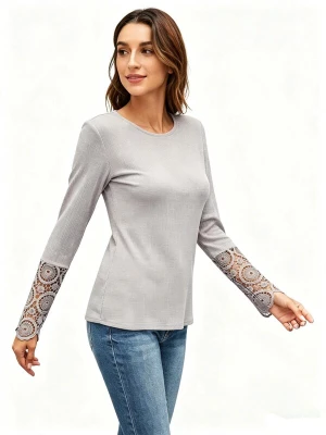 Obrázek produktu KoJooin Top 'Damen Ripp Langarmshirt mit Spitzenbesatz an den Ärmeln Halbknopf Henley Ausschnitt' hnědá