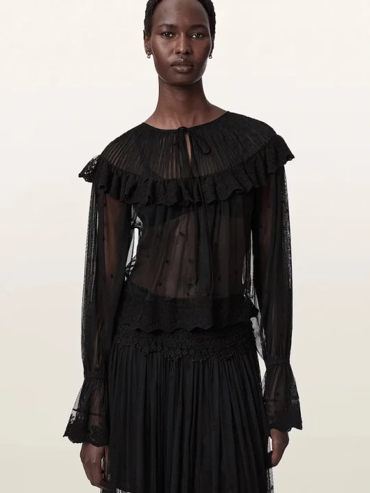 Obrázek produktu AllSaints halenka s volánkem dámská krajková UNRULY SUSIE LS TEE černá
