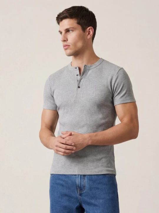 Obrázek produktu ARMIE Tričko 'The Peter Slim-Fit Henley Ribbed T-shirt' světle šedá