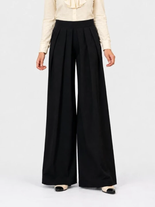 Obrázek produktu BIBI SAKALIEVA Kalhoty se sklady v pase 'High-Waist Wide-Leg Pleated Trousers' černá