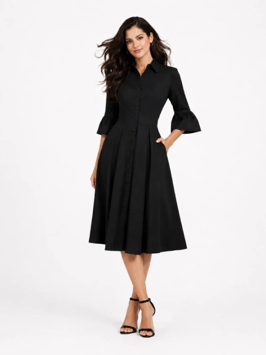 Obrázek produktu BIBI SAKALIEVA Šaty 'Black Open-Back Midi Dress with Bell Sleeves' černá