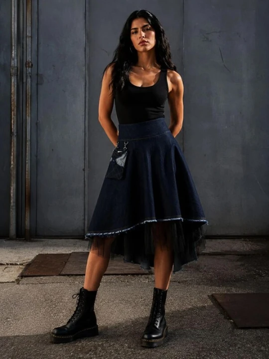 Obrázek produktu BIBI SAKALIEVA Sukně 'Asymmetric Denim Midi Skirt with Tulle and Removable Pocket' modrá džínovina
