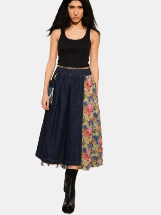Obrázek produktu BIBI SAKALIEVA Sukně 'Indigo Denim Midi Skirt with Detachable Lace Skirt and Denim Pouch' tmavě modrá