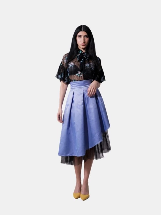 Obrázek produktu BIBI SAKALIEVA Sukně 'Lavender Pleated Asymmetrical Satin Taffeta Midi Skirt with Tulle' lenvandulová