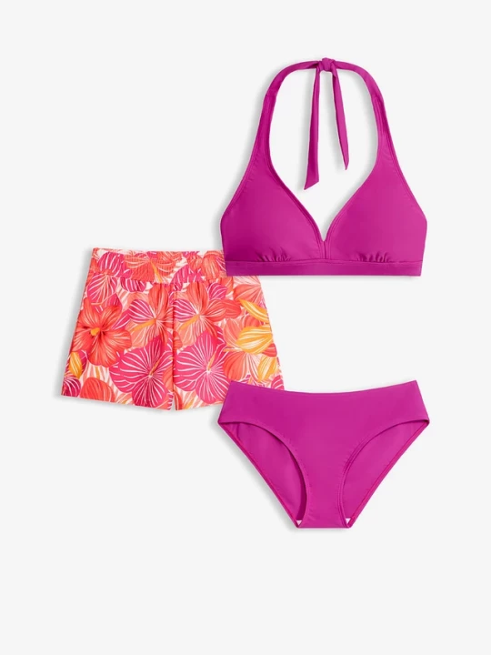 Obrázek produktu Bikini z ramiączkami łączonymi z tyłu na szyi + dolna część stroju (3 części) BonPrix fioletowy