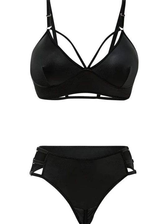 Obrázek produktu Biustonosz bustier + stringi ouvert z efektem wetlook (komplet 2-cz.) BonPrix czarny