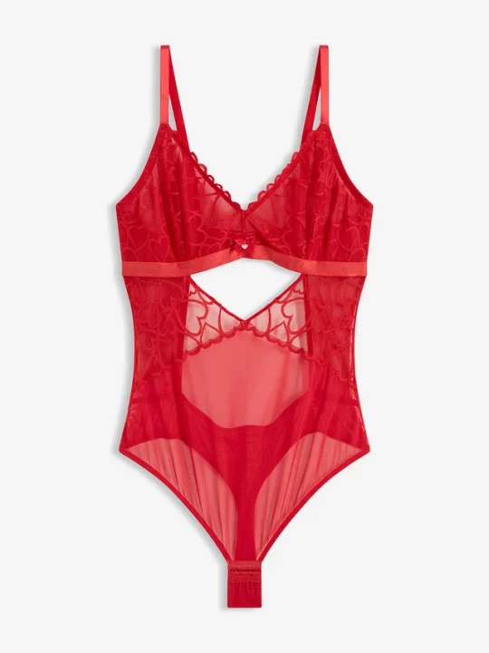 Obrázek produktu Body ze stringami, z koronki ze wzorem w serca BonPrix czerwony