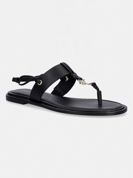 Obrázek produktu Calvin Klein sandály na plochém podpatku dámské kožené ROUND FLAT SNDL THONG LTH HDW černá