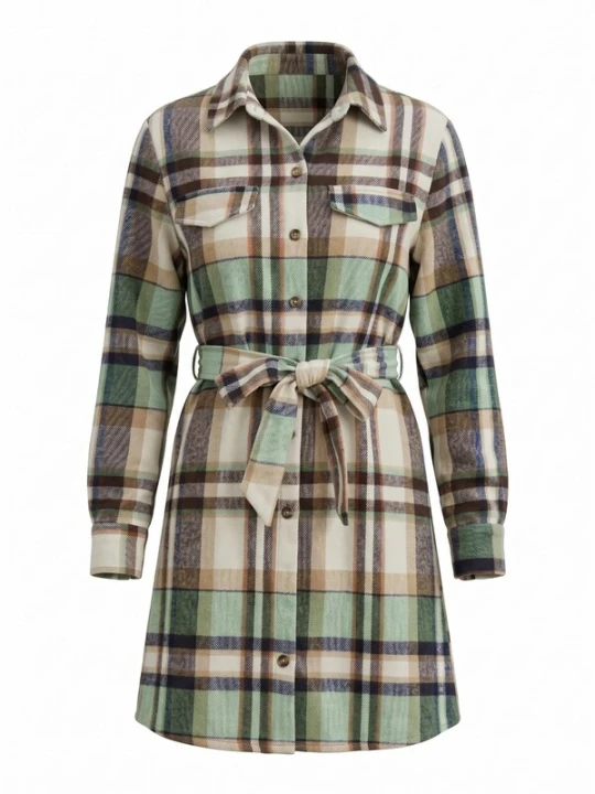 Obrázek produktu Cupshe Košilové šaty 'Plaid Collared Long Sleeve' zelená