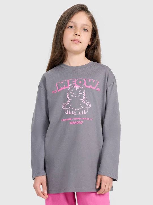 Obrázek produktu Dívčí oversize longsleeve s potiskem - šedý 4F
