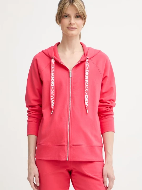 Obrázek produktu DKNY rozepínací mikina s kapucí dámská bavlněná červená