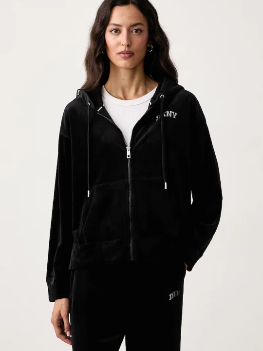 Obrázek produktu DKNY rozepínací mikina s kapucí dámská velurová černá