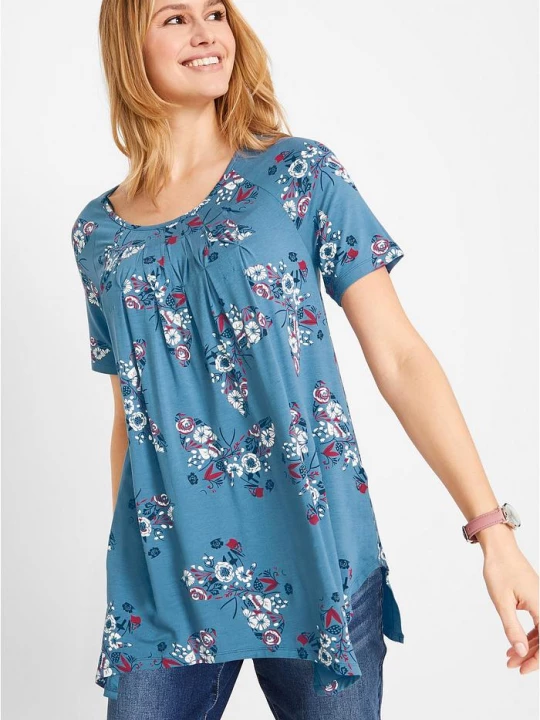 Obrázek produktu Długi shirt z dłuższymi bokami, krótki rękaw BonPrix niebieski