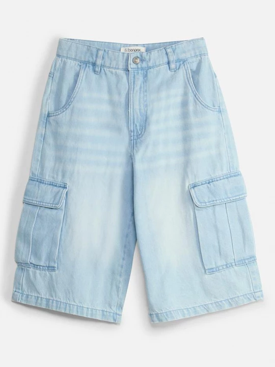 Obrázek produktu Długie bermudy jeansowe z regulowanym pasem, baggy fit BonPrix niebieski