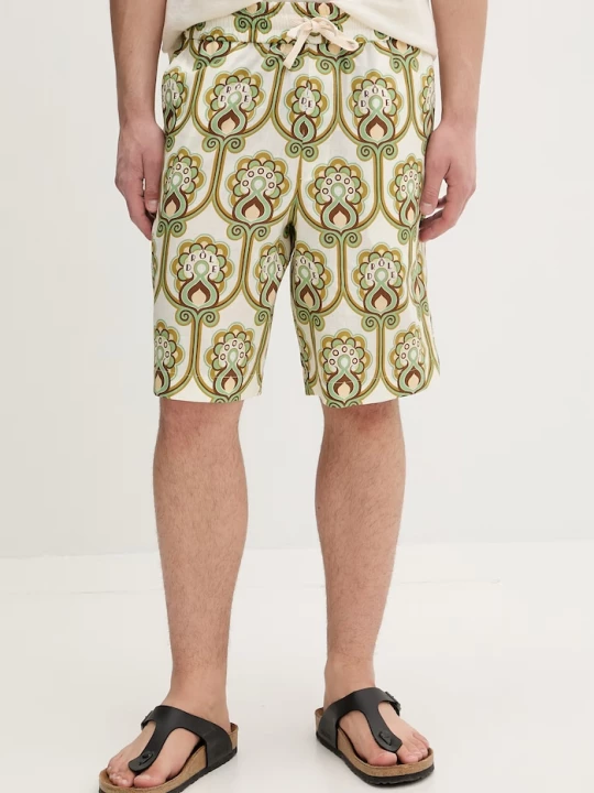 Obrázek produktu Drôle de Monsieur šortky pánské se lnem Short Tapisserie Florale Lin Drole de Monsieur zelená