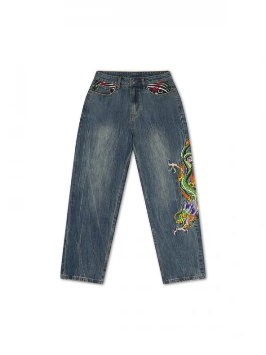 Obrázek produktu Ed Hardy Džíny 'Kriechender Drache' krémová / tmavě modrá / svítivě zelená / tmavě oranžová