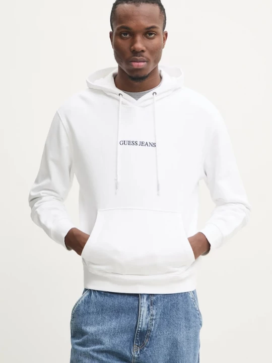 Obrázek produktu Guess Jeans mikina s kapucí pánská bavlněná bílá