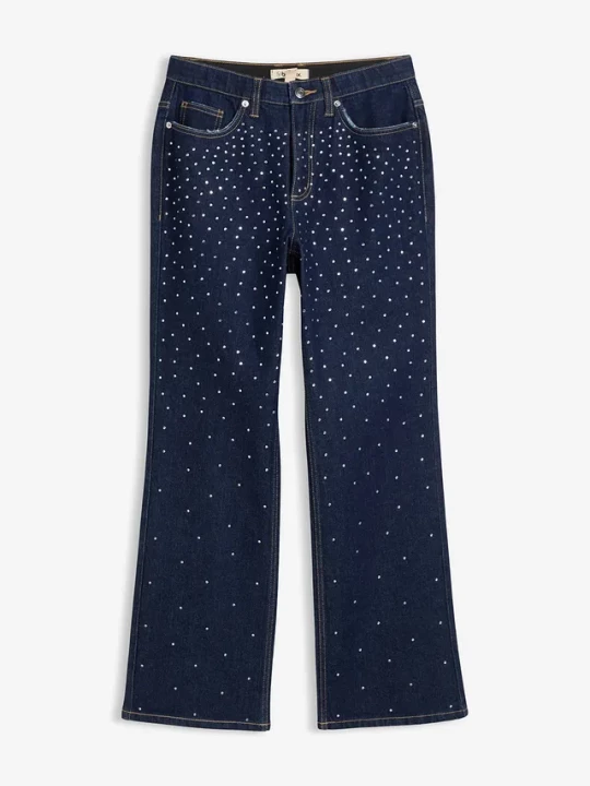 Obrázek produktu Jeansy straight, mid waist, zdobione kryształkami BonPrix niebieski