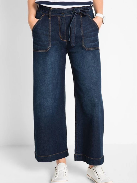 Obrázek produktu Jeansy wide leg, high waist z wygodnym pasem, cropped BonPrix niebieski