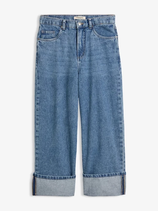 Obrázek produktu Jeansy wide leg, mid waist, cropped BonPrix niebieski