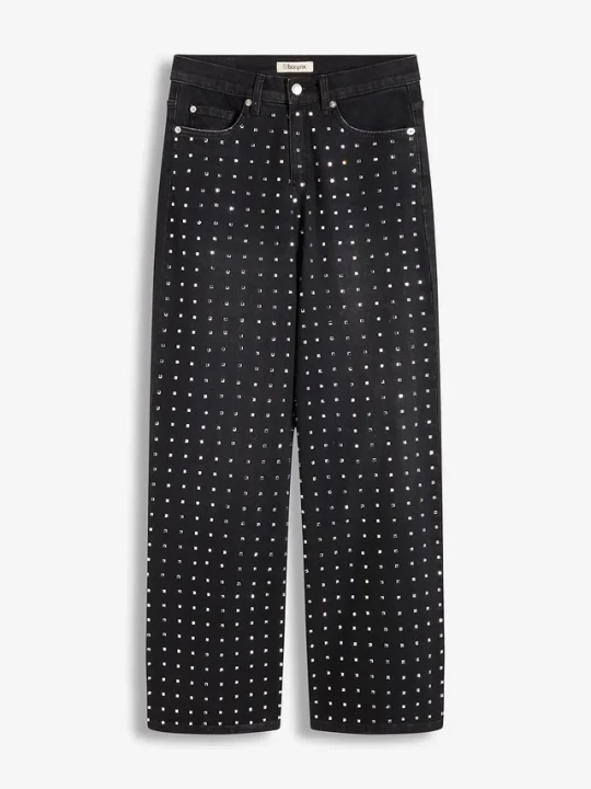 Obrázek produktu Jeansy z szerokimi nogawkami, mid waist, z aplikacją z kryształków BonPrix czarny