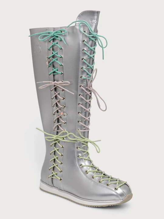 Obrázek produktu Koi Footwear Numinous Lace Up Charm Long Boots kozačky nad kolena dámské stříbrná